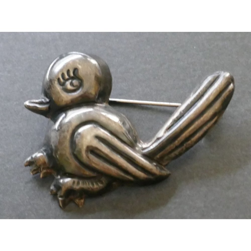 Early Mexican Silver Bird Brooch Puffy Cartoon Like